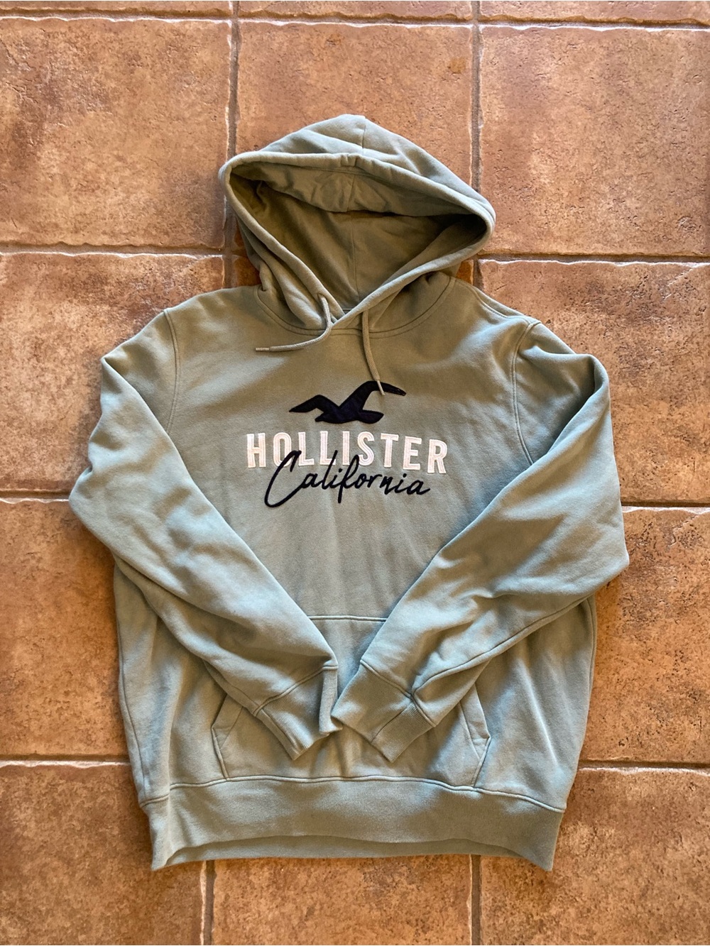 Hollister Men's Pullover Hoodie in Sage Green with Navy Logo